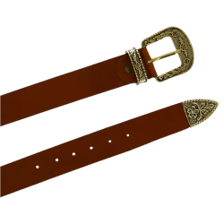 Tan leather western belt with bronze metal buckle engraved