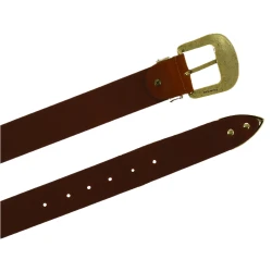 Tan leather western belt with bronze metal buckle engraved