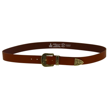 Ceinture western en cuir marron avec boucle bronzé gravé