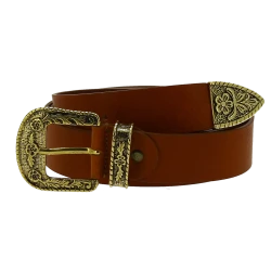 Tan leather western belt with bronze metal buckle engraved