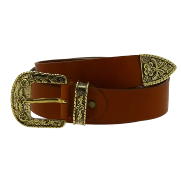 Ceinture western en cuir marron avec boucle bronzé gravé