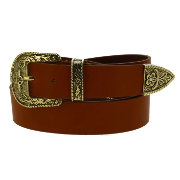 Ceinture western en cuir marron avec boucle bronzé gravé