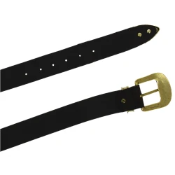 Dark brown leather western belt with bronze metal buckle engraved