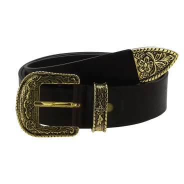 Ceinture western en cuir marron foncé avec boucle bronzé gravé