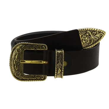 Dark brown leather western belt with bronze metal buckle engraved
