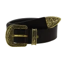 Dark brown leather western belt with bronze metal buckle engraved