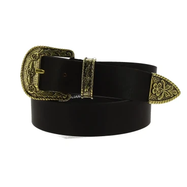Ceinture western en cuir marron foncé avec boucle bronzé gravé