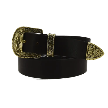 Dark brown leather western belt with bronze metal buckle engraved