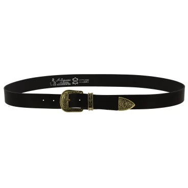 Ceinture western en cuir marron foncé avec boucle bronzé gravé