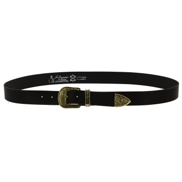 Cintura western in pelle marrone scuro con fibbia bronzo in metallo