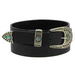 Cinturón de piel negra para mujer de 2,5 cm con hebilla y punta de metal grabadas