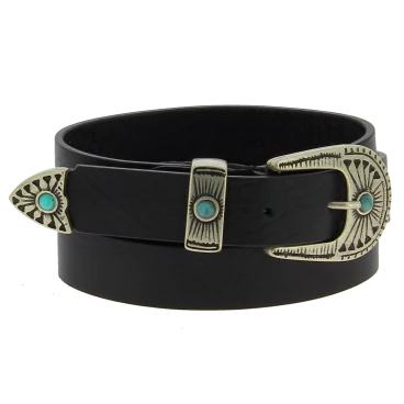 Women's 2.5 cm black leather belt with engraved metal buckle and tip