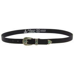 Women's 2.5 cm black leather belt with engraved metal buckle and tip