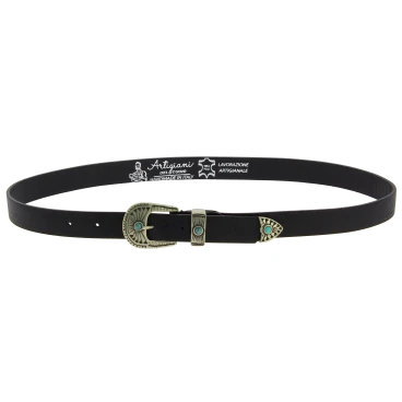 Women's 2.5 cm black leather belt with engraved metal buckle and tip