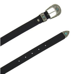 Cintura 2,5 cm donna in pelle nera con fibbia e puntale in metallo inciso