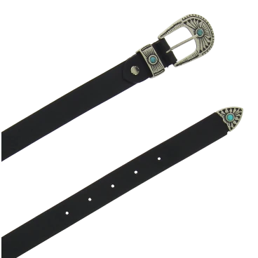 Cintura 2,5 cm donna in pelle nera con fibbia e puntale in metallo inciso