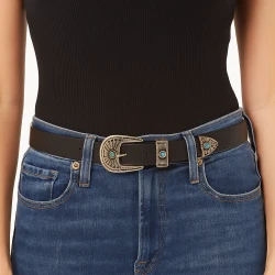 Cintura 2,5 cm donna in pelle nera con fibbia e puntale in metallo inciso