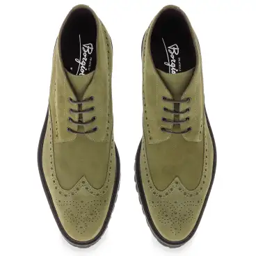 Stivaletto brogue uomo in camoscio verde oliva con suola in gomma