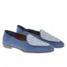 Men's blue suede loafer with woven textile apron