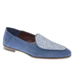 Men's blue suede loafer with woven herringbone textile apron