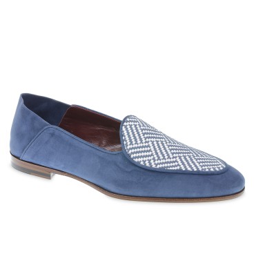 Mocasín hombre azul en ante con pala de tejido trenzado