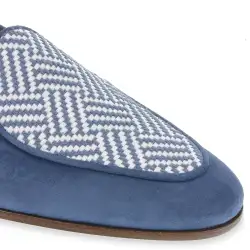 Men's blue suede loafer with woven herringbone textile apron