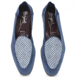 Mocassin homme bleu en daim avec plateau en tissu tressé
