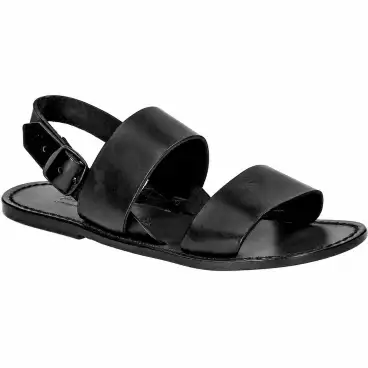 Sandalias negras de mujer en cuero con dos tiras artesanales