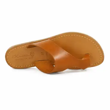 Tan leather thong slide sandals for women handmade in Italy
