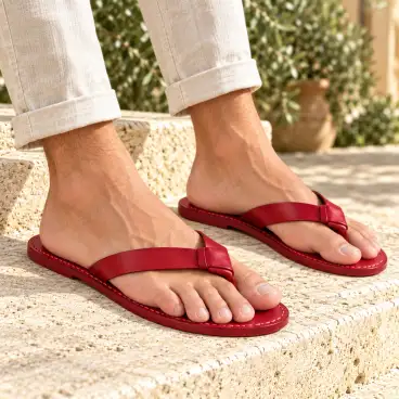 Men's red leather flip-flops - worn with light trousers on stone steps