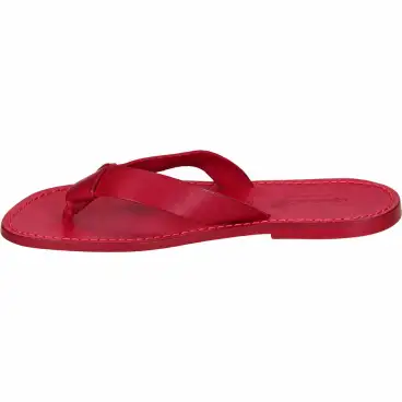 Men's red leather flip-flops - side profile with the toe pointing left