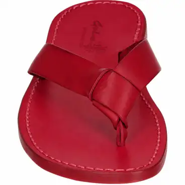 Tongs homme en cuir rouge - détail avant du passant et de la couture