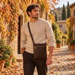 Satchel bag in genuine dark brown calf leather handmade in Italy