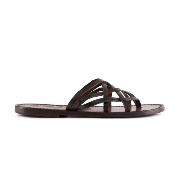 Hand gefertigte Damen-Sandalen mit braunem Lederriemengeflecht um den großen Zeh und Ledersohle