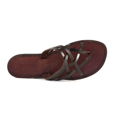 Hand gefertigte Damen-Sandalen mit braunem Lederriemengeflecht um den großen Zeh und Ledersohle